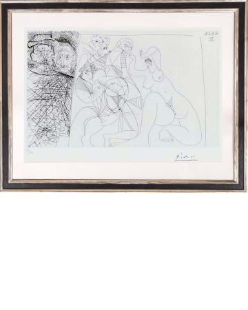 Aguafuerte Picasso - O.T. - Tanzende und zwei Männer mit Rembramdt-Hut