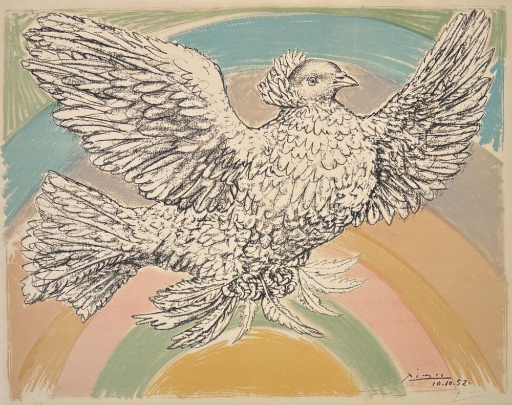 Litografía Picasso - Pablo Picasso(1881–1973) - Colombe volant - Coloured lithograph on Arches paper - 1952