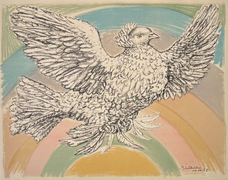 Litografía Picasso - Pablo Picasso(1881–1973) - Colombe volant - Coloured lithograph on Arches paper - 1952