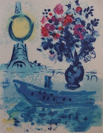 Litografía Chagall - Paris : Bateau mouche au bouquet  - La Seine