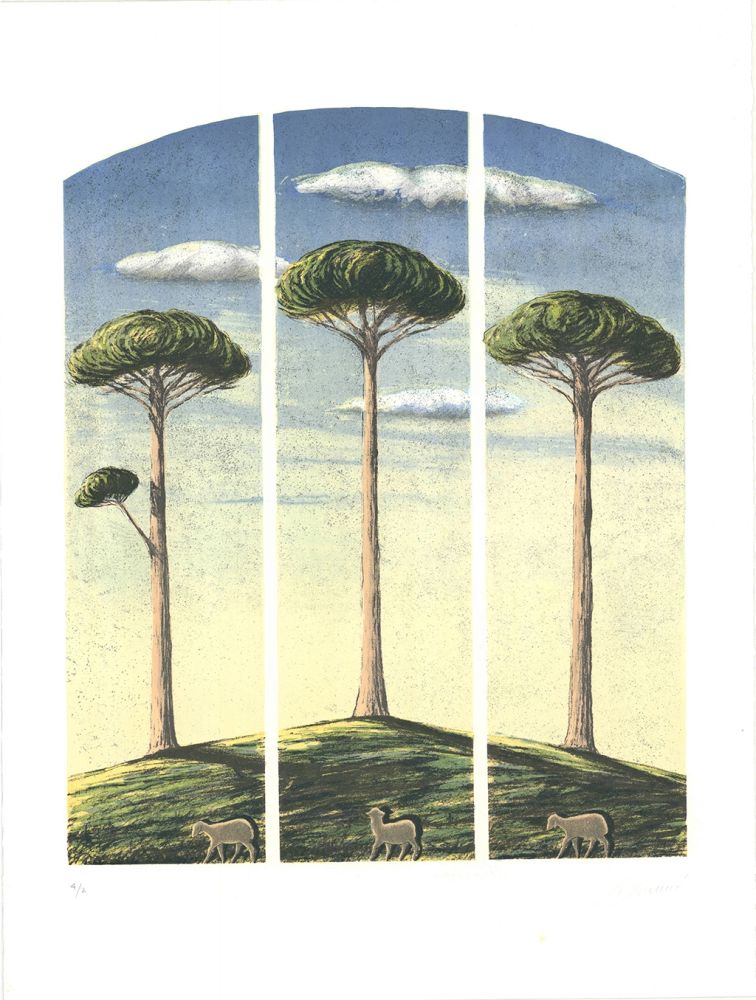 Litografía Lazzeri - Pecore al albero