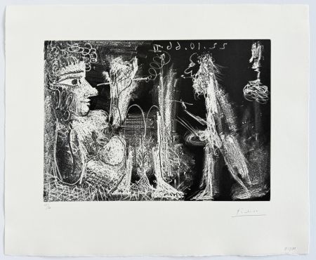 Aguafuerte Y Aguatinta Picasso - Peintre et modèle au fume-cigarette