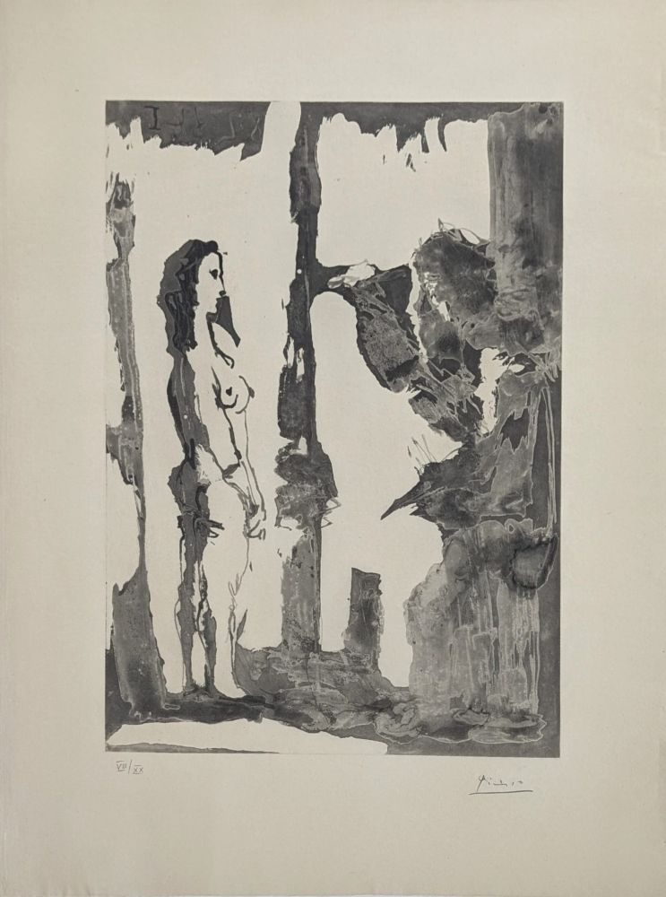 Aguatinta Picasso - Peintre et modèle aux cheveux longs 