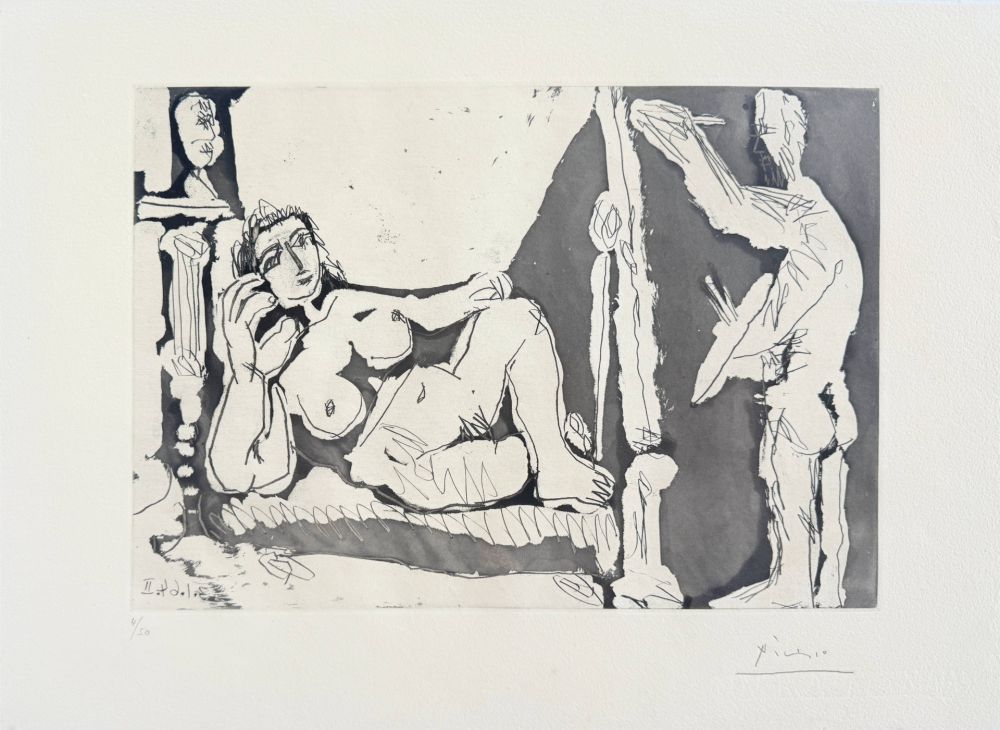 Aguafuerte Y Aguatinta Picasso - Peintre et modèle, avec une sculpture I