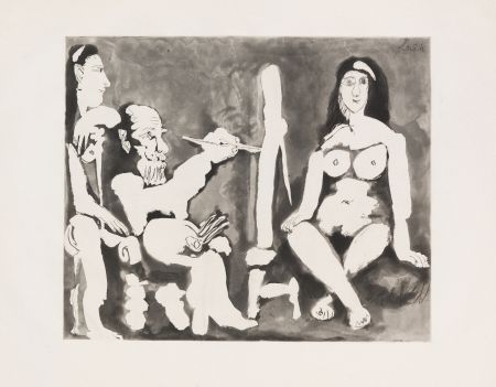 Aguatinta Picasso - Peintre et Modèle avec une Spectatrice au Bandeau