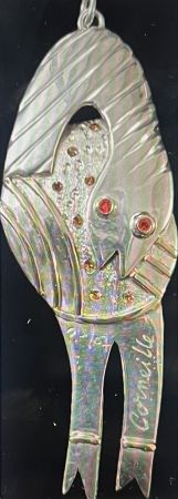 Sin Técnico Corneille - Pendentif L'Oiseau - Serpent  - Bijou d'artiste en Argent, pierres de couleurs et filets d'or. Pièce Unique