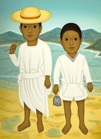 Serigrafía Montoya - Pescadores, dos ninos con arte de pesca