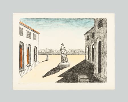 Litografía De Chirico - Piazza d'Italia con efebo