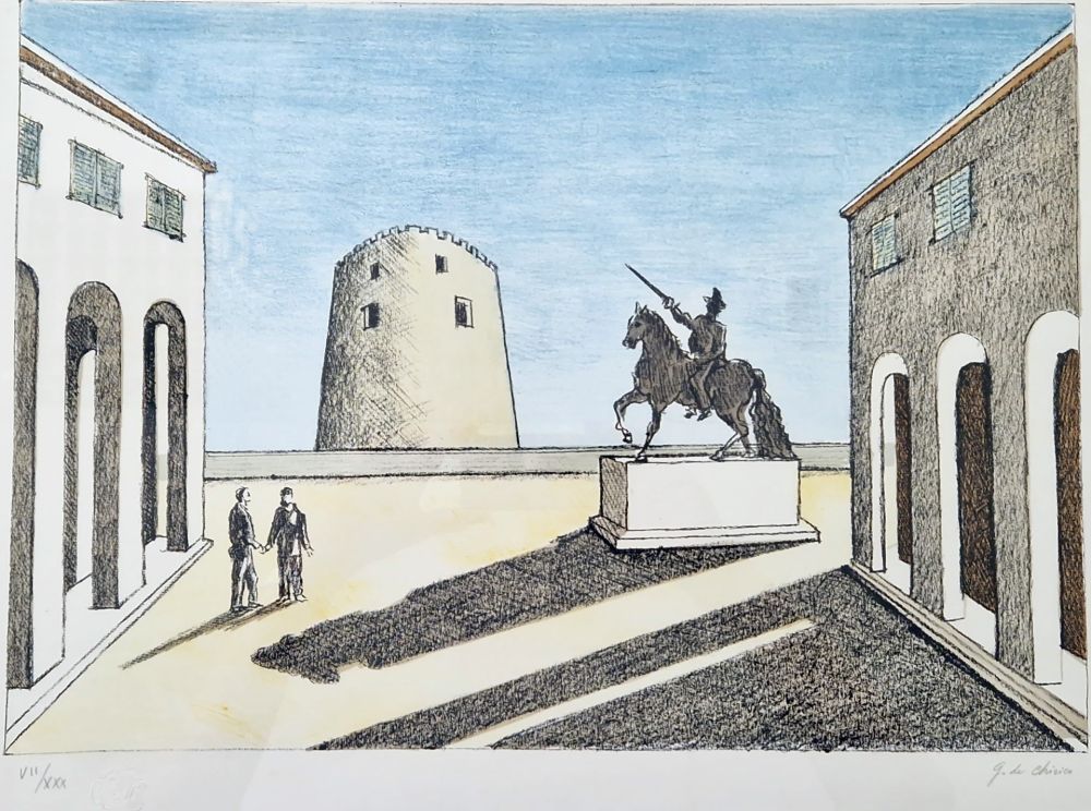 Litografía De Chirico - Piazza d'Italia con statua equestre.