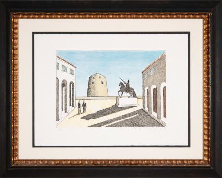 Litografía De Chirico - Piazza d'Italia con statua equestre
