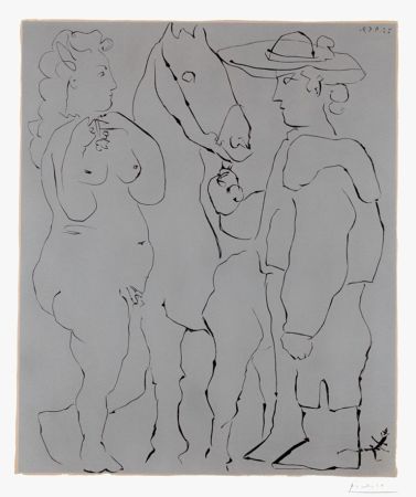 Linograbado Picasso - Picador Debout avec son Cheval et une Femme (Picador, Woman and Horse)