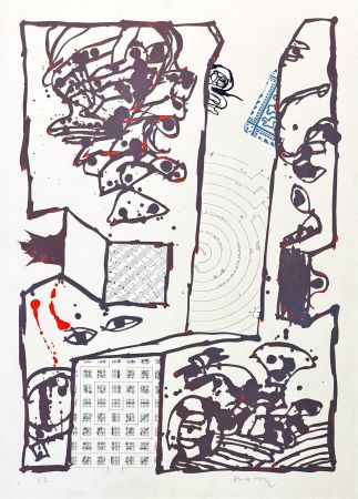 Litografía Alechinsky - Pierre Alechinsky (1927) – Chutes et panaches, avec extraits de partitions labyrinthiques de Jean-Yves Bosseur – Lithograph on paper – 2001