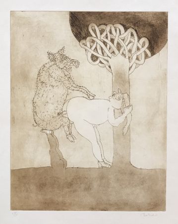 Grabado Toledo - Pig and Man by Tree
