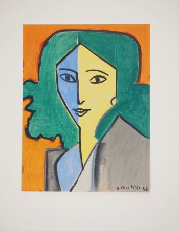 Litografía Matisse - Portrait bleu, vert et jaune
