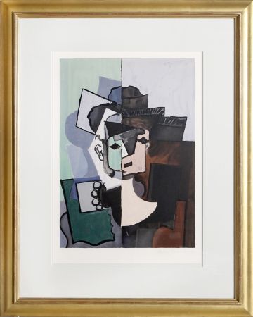 Litografía Picasso - Portrait de Face sur Fond Rose et Vert