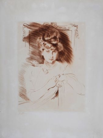 Aguafuerte Helleu - Portrait de femme assise de face
