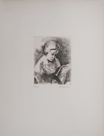 Grabado Asselin - Portrait, Jeune fille lisant