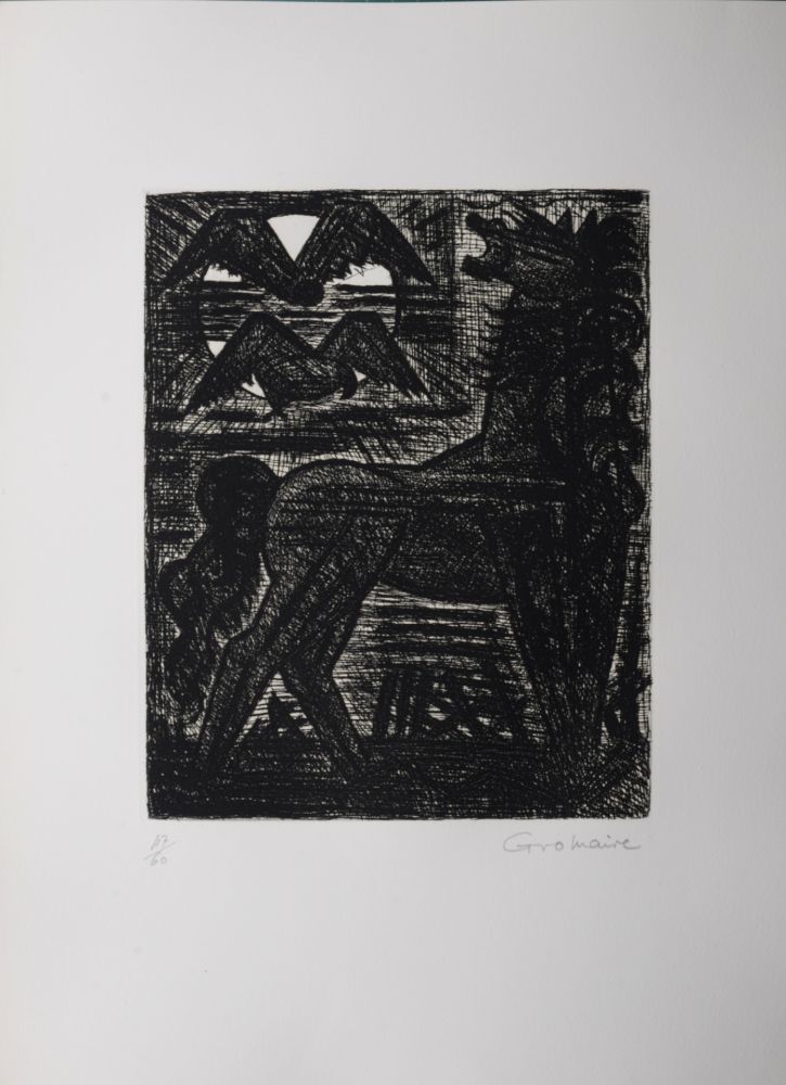 Aguafuerte Gromaire - Présages, cheval noir et oiseaux de nuit, 1958