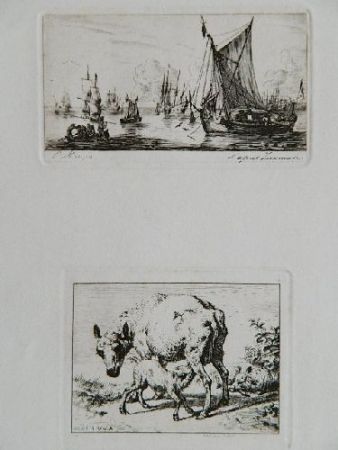 Grabado Meryon - Pêcheurs de la mer du sud (after Zeeman) [with] La brebis et les deux agneaux (after Van de Velde)