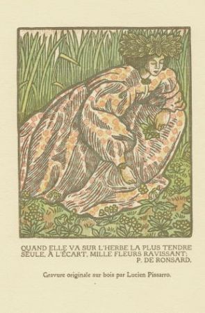 Grabado En Madera Pissarro - Quand elle va sur l'herbe... / Girl Picking Flowers