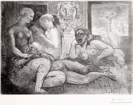 Aguafuerte Picasso - ‚Quatre femmes nues et tete sculptée La Suite Vollard