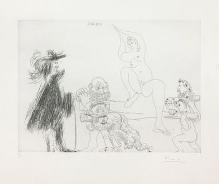 Grabado Picasso - Quatre portefaix apportant a un gentilhomme une jeune femme sur une litiere