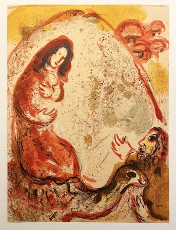 Litografía Chagall - RACHEL DÉROBE LES IDOLES DE SON PÈRE (Dessins pour la Bible, 1960)