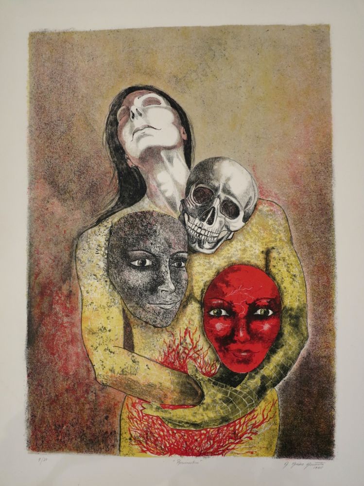 Litografía Mendez Azcarate -  Resurrección en rojo y amarillo