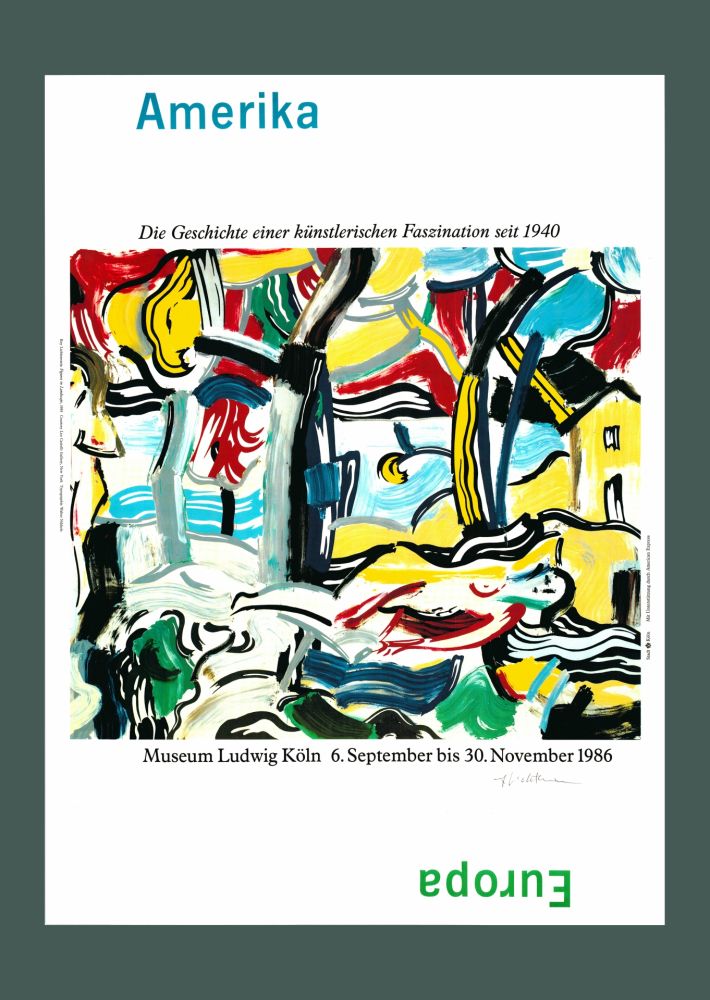 Litografía Lichtenstein - Roy Lichtenstein: 'Figures in Landscape' 1986 Offset-lithograph (Hand-signed)