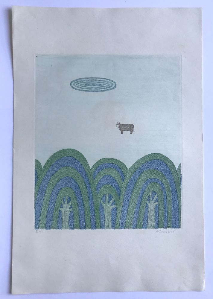 Aguatinta Minami - Sans titre (3 arbres et 1 vache)