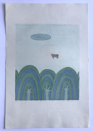 Aguatinta Minami - Sans titre (3 arbres et 1 vache)