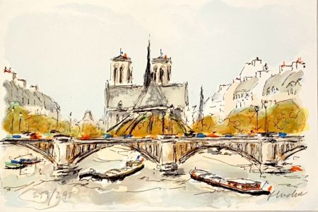 Litografía Huchet - Seine et Notre-Dame de Paris