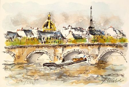 Litografía Huchet - Seine et Tour Eiffel