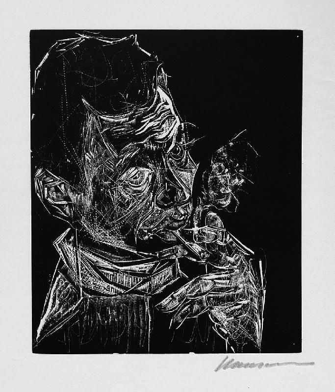 Grabado En Madera Hansen-Bahia - Selbstbildnis, rauchend / Self-Portrait, Smoking