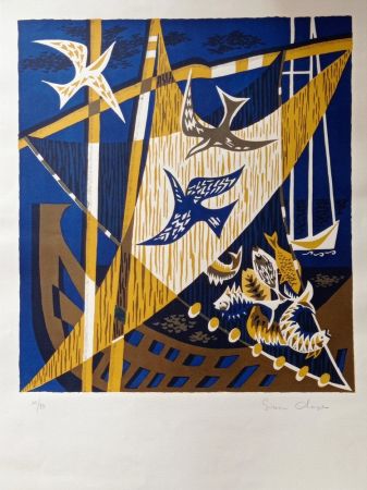 Litografía Unknown - Simon Chaye(n.1930) - Composition with Birds, 1970s, Hand signed  Lithograph