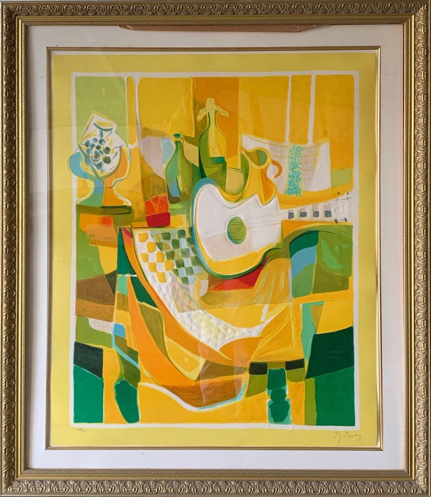 Aguafuerte Y Aguatinta Mouly - Still Life in Yellow with Guitar
