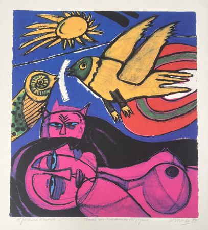 Serigrafía Corneille - Sérigraphie Femme avec chat dans un été joyeux, 1988
