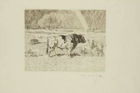 Grabado Lunois - Taureau dans un pré / Bull in a Meadow