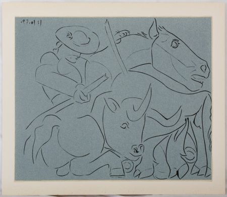 Linograbado Picasso - Taureau désarmant un picador (La pique cassée)