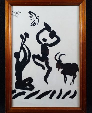 Litografía Picasso - The flute player with fauns, Lithograph on Arches paper
