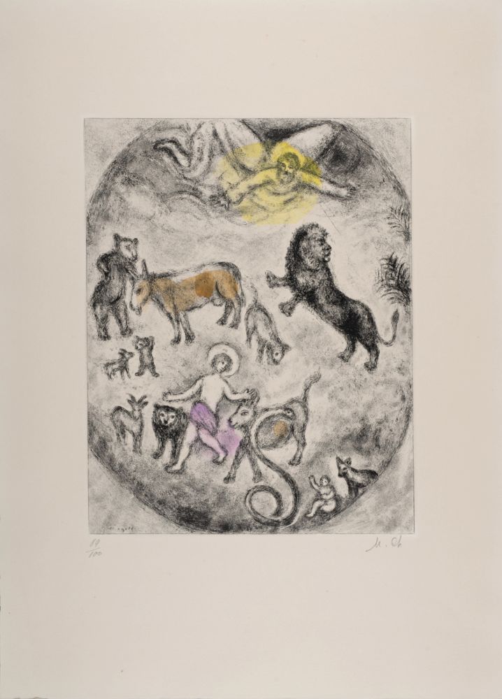 Grabado Chagall - The reconciliation of all the creatures (Isaiah 11: 5-9), 1958 - Hand-signed & Hand-colored!