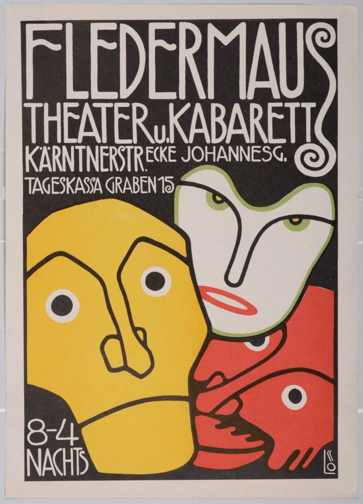 Litografía Löffler - Three Masks, Fledermaus Theater and Cabaret, 1907