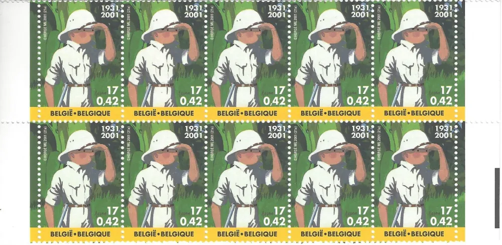 Talla En Madera De Georges Remi Tintin Herge 70eme Anniversaire De La Parution De Tintin Au Congo Timbres Belge En Amorosart