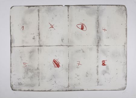 Litografía Tàpies - Toile pliée et chiffres, 1974 - Hand-signed