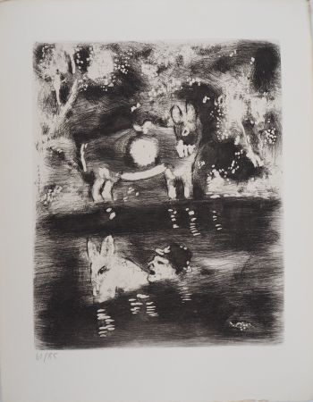 Grabado Chagall - Traversée de la rivière (L'âne chargé d'éponges et l'âne chargé de sel)