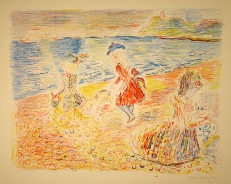 Litografía Terechkovich - Trois enfants sur une plage / Drei spielende Mädchen am Strand