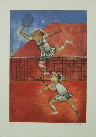Litografía Boulanger - TWO GIRLS PLAYING TENNIS