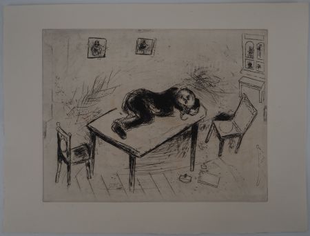 Grabado Chagall - Une sieste spartiate, (Tchitchikov couchait au bureau)
