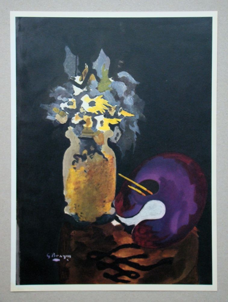 Litografía Braque (After) - Vase de fleurs jaune et palette
