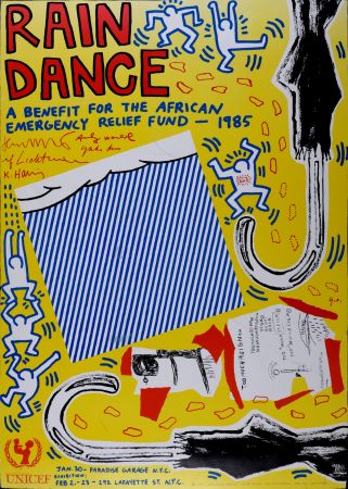 Litografía Haring - (with Andy Warhol, Jean Michel Basquiat, Roy Lichtenstein & Yoko Ono) - Rain Dance, 1985